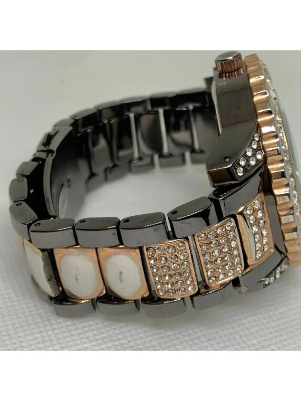 DayTrip iced dial gold black tone women watch large case 46mm size 6.5” running